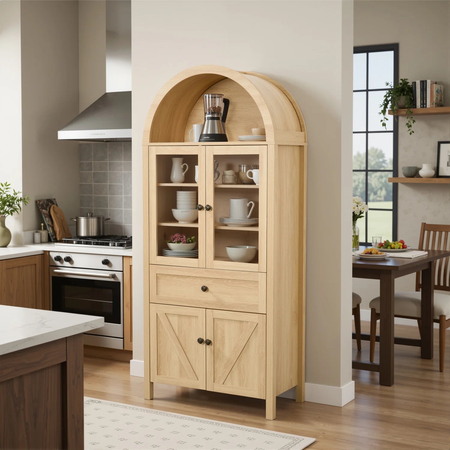 Lisonu 72" Arched Bookcase with Doors, Tall Dome Display Cabinet with Storage for Living Room or Home Office, Natural