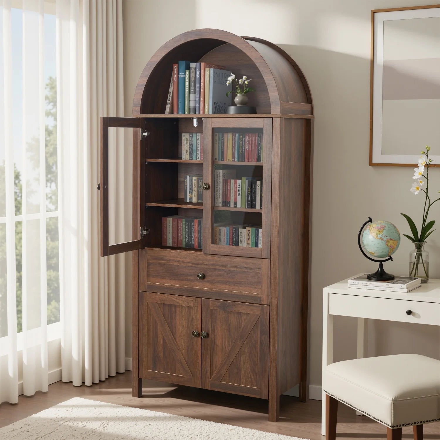 Lisonu 72" Arched Bookcase with Doors, Tall Dome Display Cabinet with Storage for Living Room or Home Office, Natural