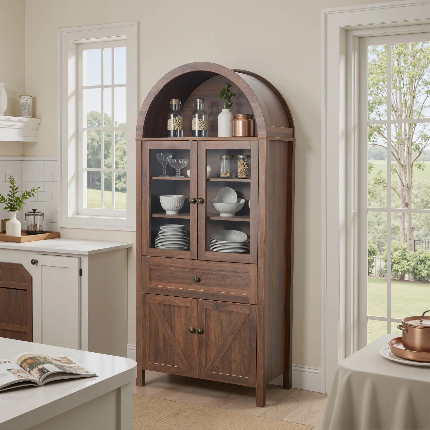 Lisonu 72" Arched Bookcase with Doors, Tall Dome Display Cabinet with Storage for Living Room or Home Office, Natural
