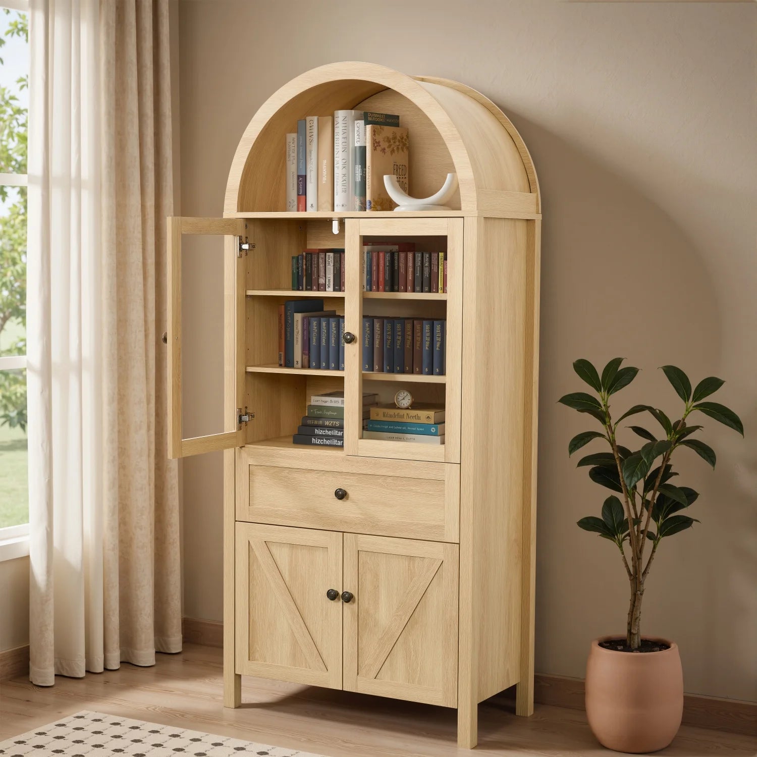 Lisonu 72" Arched Bookcase with Doors, Tall Dome Display Cabinet with Storage for Living Room or Home Office, Natural