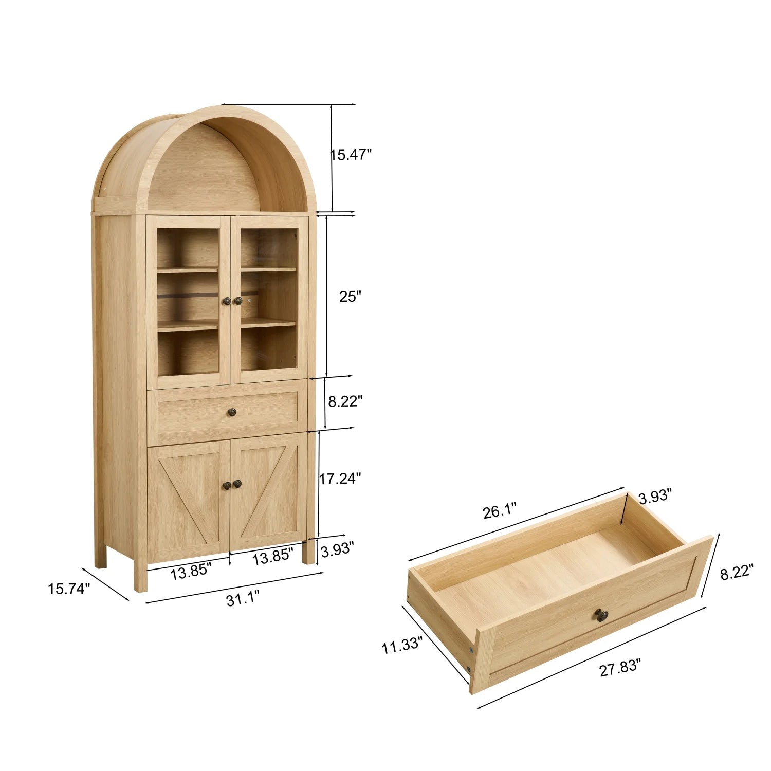 Lisonu 72" Arched Bookcase with Doors, Tall Dome Display Cabinet with Storage for Living Room or Home Office, Natural