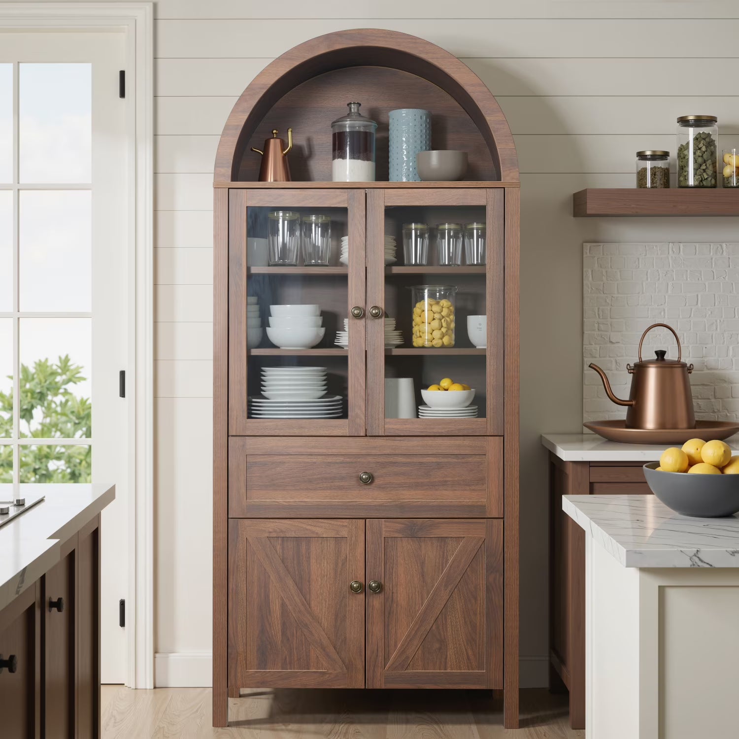 Lisonu 72" Arched Bookcase with Doors, Tall Dome Display Cabinet with Storage for Living Room or Home Office, Natural