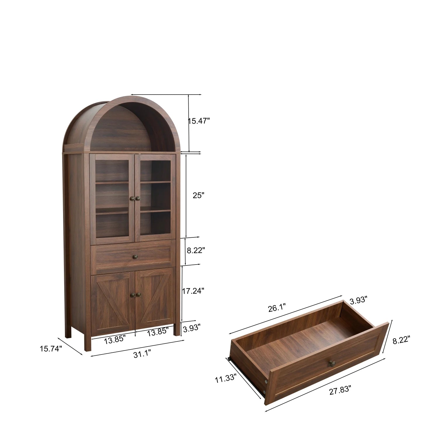 Lisonu 72" Arched Bookcase with Doors, Tall Dome Display Cabinet with Storage for Living Room or Home Office, Natural