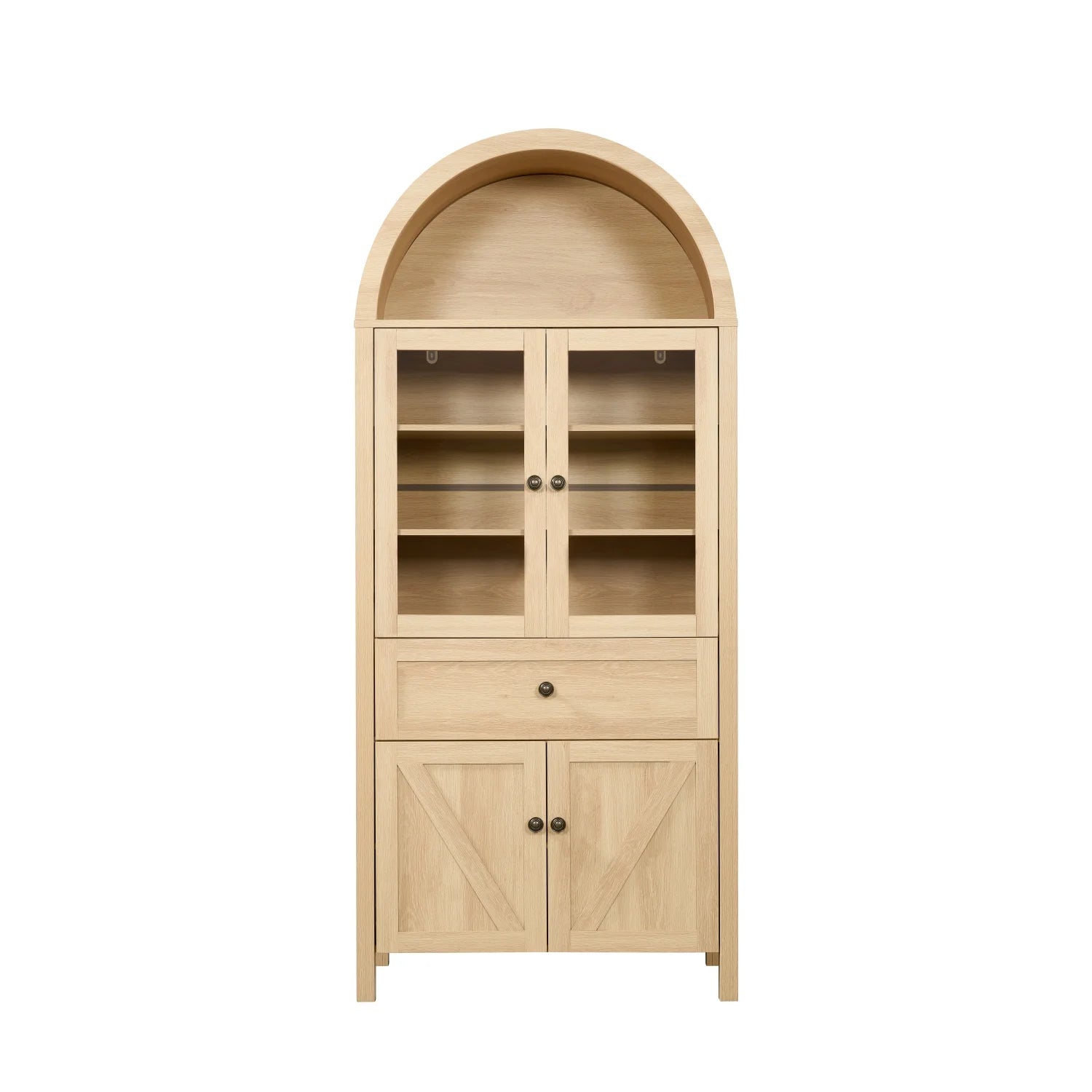 Lisonu 72" Arched Bookcase with Doors, Tall Dome Display Cabinet with Storage for Living Room or Home Office, Natural