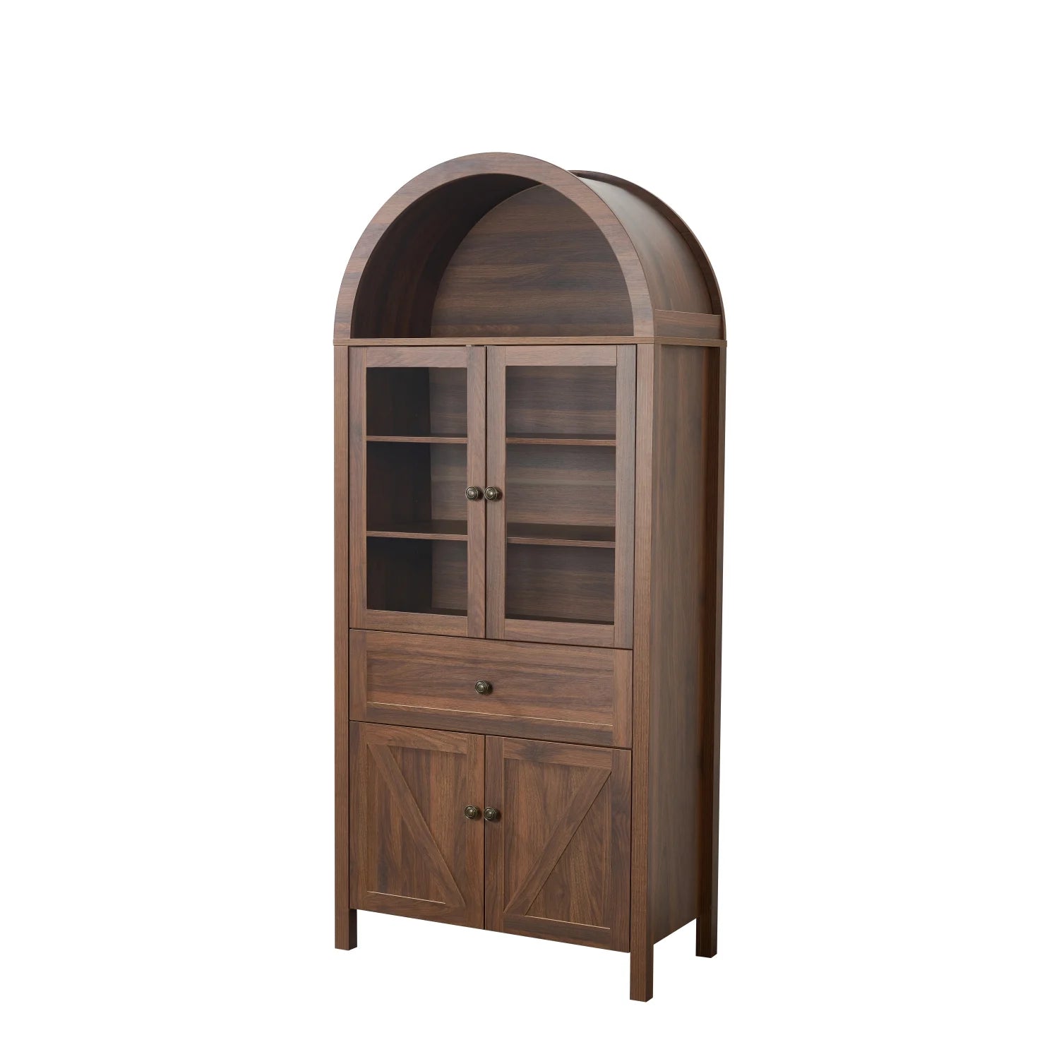 Lisonu 72" Arched Bookcase with Doors, Tall Dome Display Cabinet with Storage for Living Room or Home Office, Natural