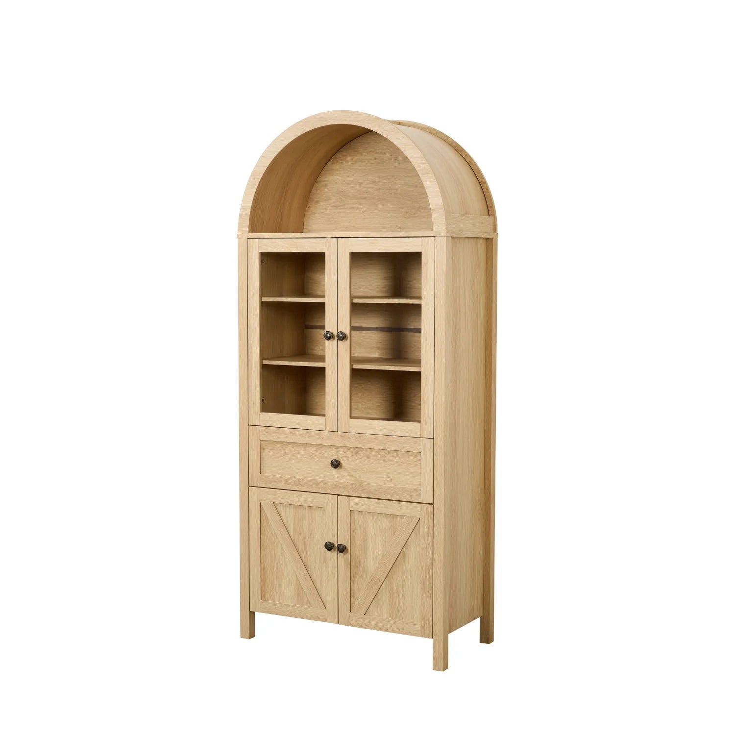 Lisonu 72" Arched Bookcase with Doors, Tall Dome Display Cabinet with Storage for Living Room or Home Office, Natural