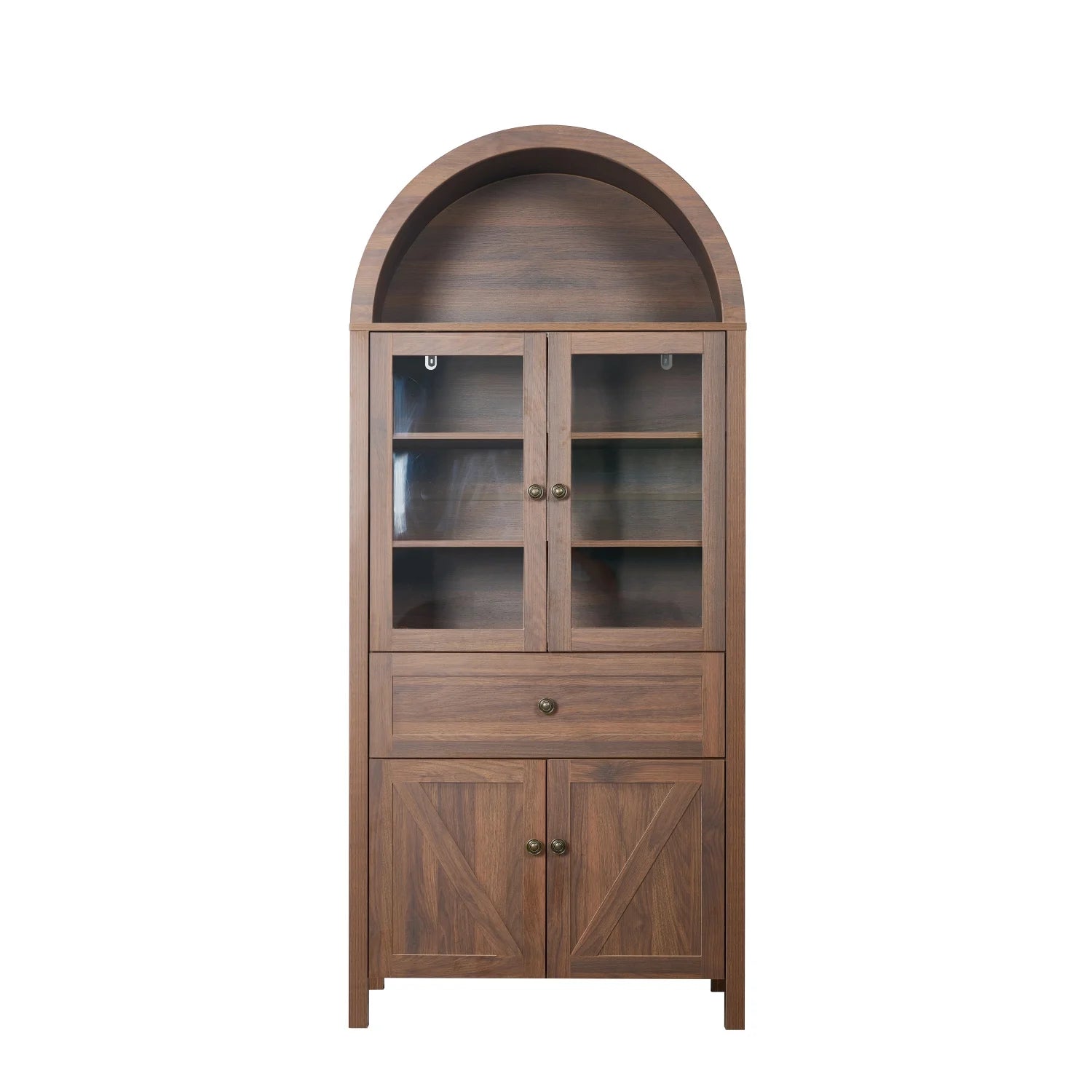 Lisonu 72" Arched Bookcase with Doors, Tall Dome Display Cabinet with Storage for Living Room or Home Office, Natural
