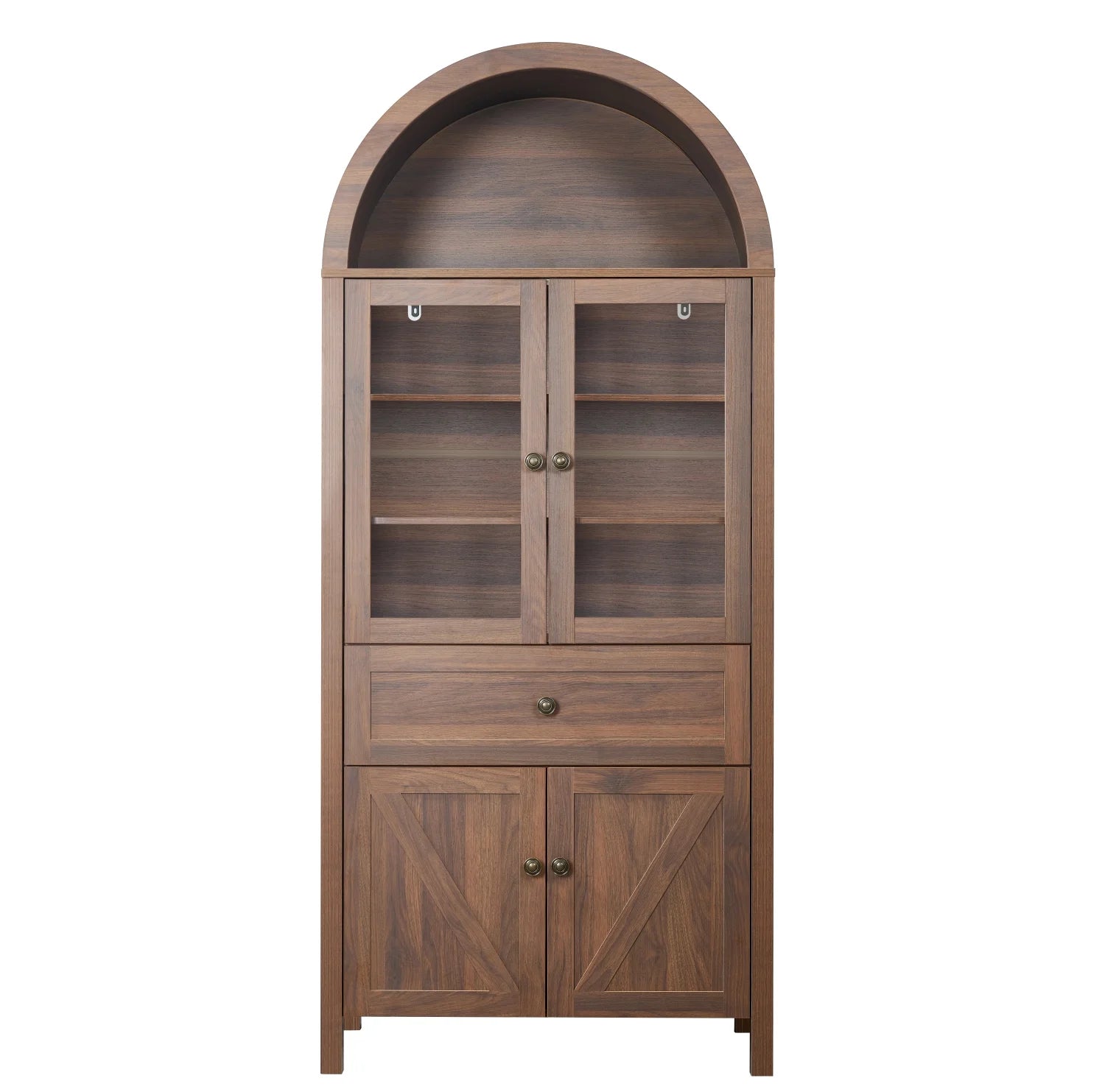 Lisonu 72" Arched Bookcase with Doors, Tall Dome Display Cabinet with Storage for Living Room or Home Office, Natural