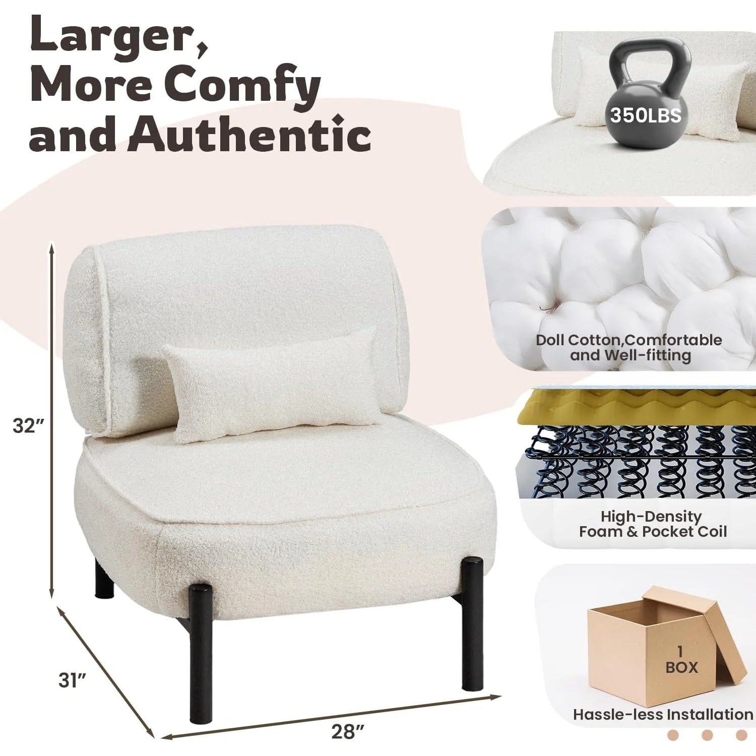AECOJOY Mid Century Modern Accent Chair, Extra Large Teddy Upholstered Lounge Chair with Pillow