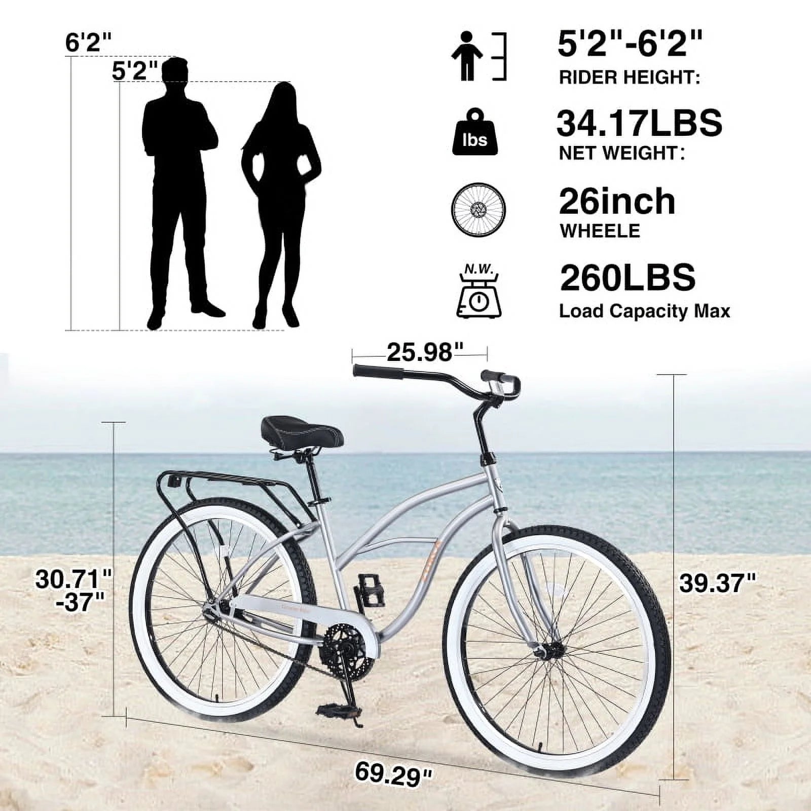 Single Speed Bicycles 26"inch, Steel Frame, Wide Wheels for Stability, Rear Coaster Brakes, Multiple Colors Men'S Beach Cruiser Bike